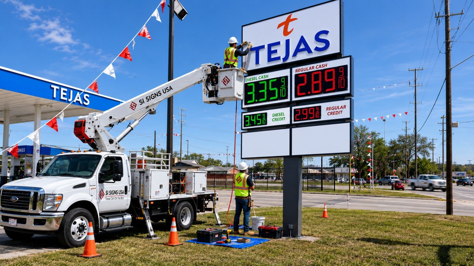 SI Signs USA technician deploying an illuminated price sign