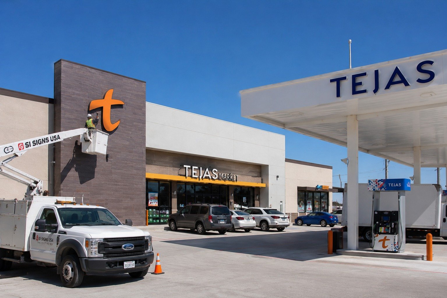 SI Signs USA crew installing dimensional channel-letter signage