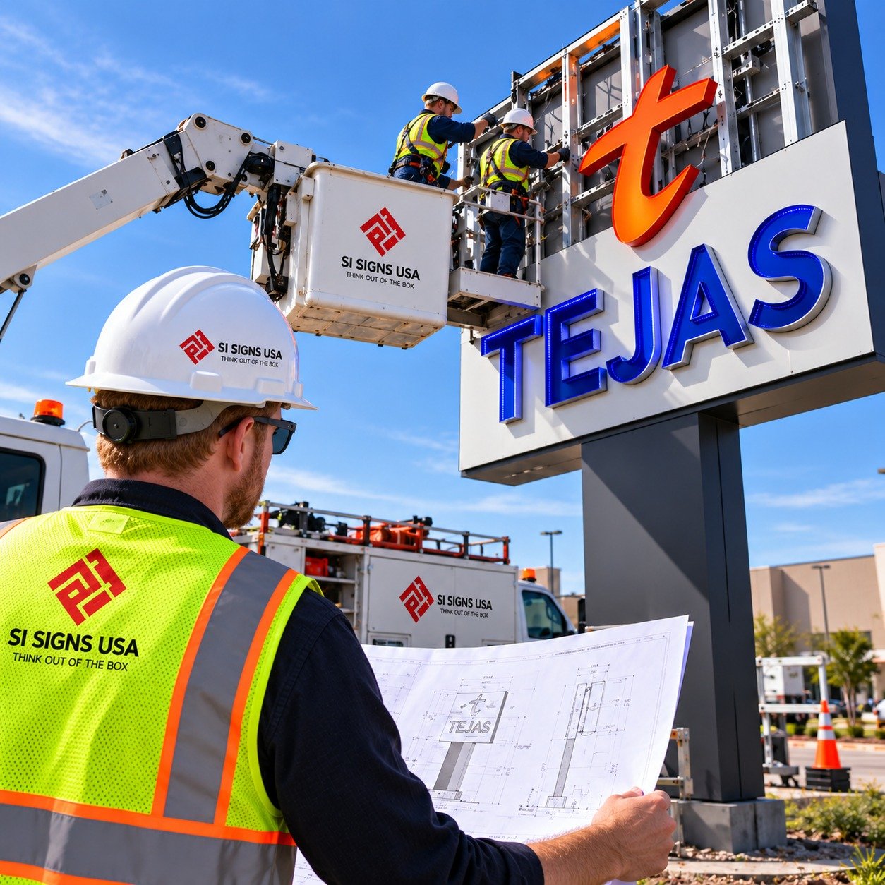 SI Signs USA crew installing a pylon sign from a bucket truck